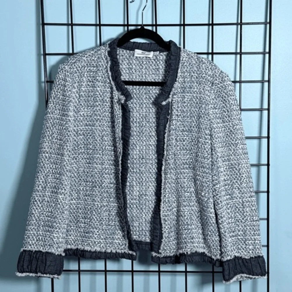 Vineyard Vines‎ Tweed Jacket Blazer Womens L Blue Fringe Trim Open Front Coastal